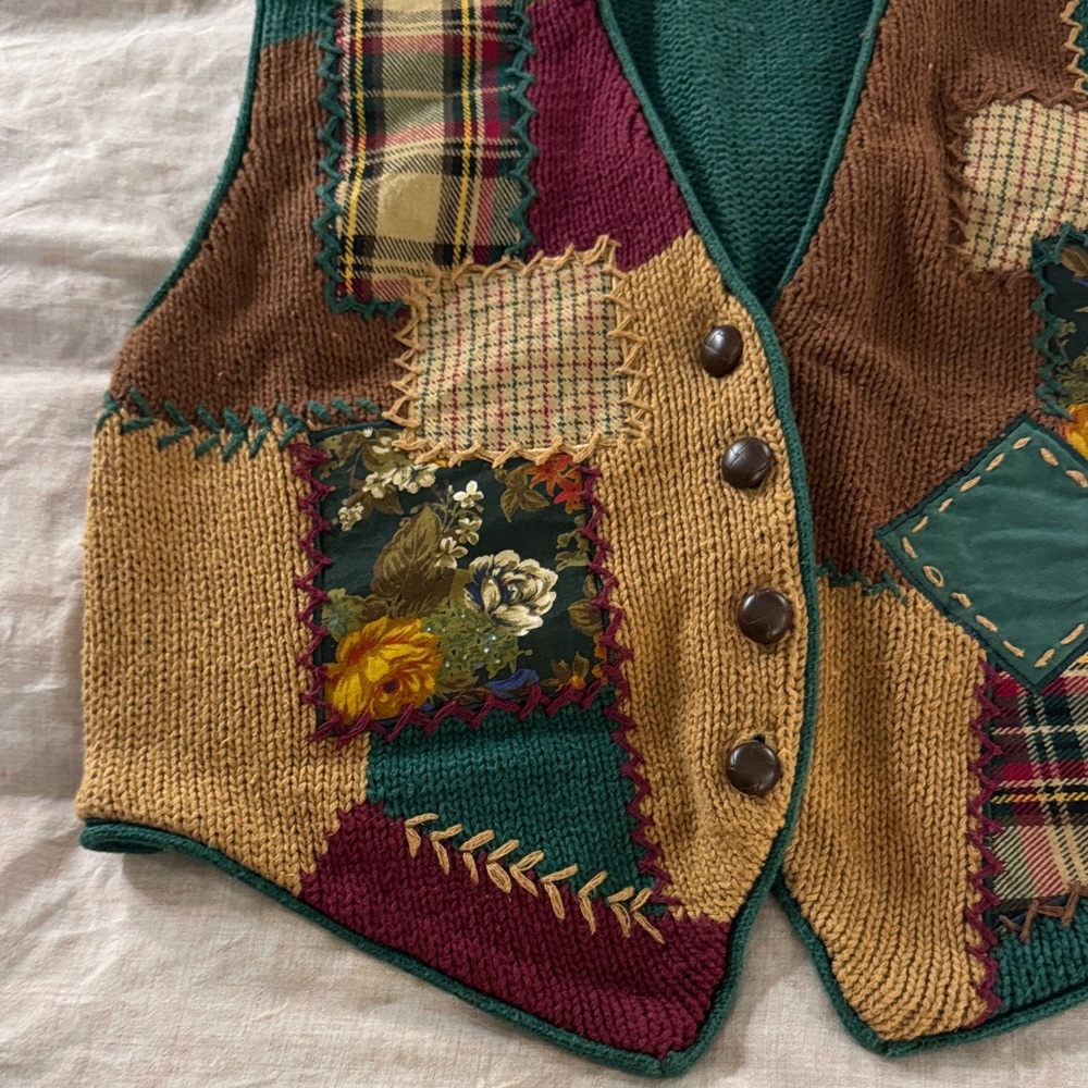 Sharon Young Multicolor Patchwork Quilt/Knit Vest - image 2